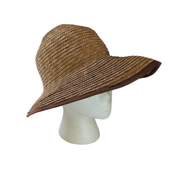 Vintage Liz Claiborne Straw Hat, High Low Brown Fabric Trim Sun Beach - Picture 1 of 9